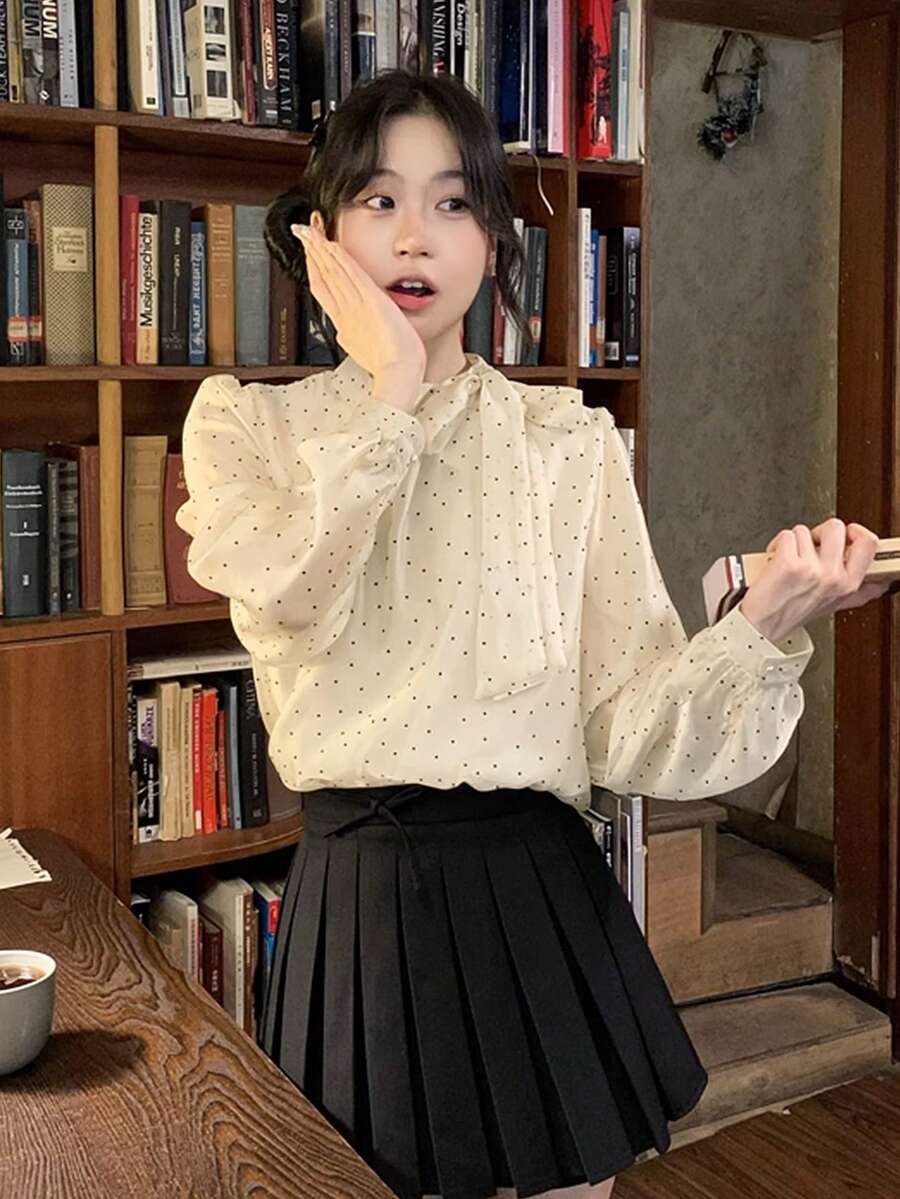 女士休闲温柔优雅杏色波点衬衫,甜美可爱蝴蝶结长袖上衣,秋冬春季 - 杏色 - 查看 1