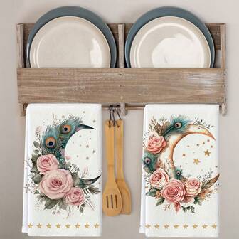 1/1/2 Set di asciugamani da cucina per il Ramadan - Alta assorbenza, asciugamani per i piatti in fibra di poliestere morbida con stelle e motivi a mezzaluna per le vacanze, decorati con motivi floreali, 40 * 60cm - Adatti per cucinare e cuocere, adatti per decorare soggiorni, cucine, sale da pranzo e feste di vacanza, e possono essere usati come regali di inaugurazione della casa.