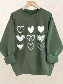 Women's Valentine's Day Heart Print Sweatshirt - Soft Stretchy Pullover Sweater, Cozy Casual Round Neck Long Sleeve Blouse, Light Beige-Friendly For F - 綠色 - 查看 5