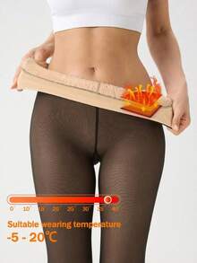 2pcs Fleece Lined Thermal Tights For Women, Ideal For Winter, Sime-Sheer Warm Leggings With A Variety Of Colors, Thick High-Waist & High-Stretch Warm Pantyhose, Soft Comfort Breathable For Skirts, Boots & Heels - 黑透膚+咖透膚 - 查看 3