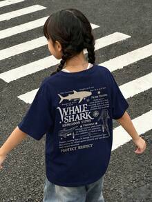1pc Girls Casual Letter & Fish Print Round Neck Short Sleeve T-Shirt, Summer Student Young Clothing - Navy Blue - View 2
