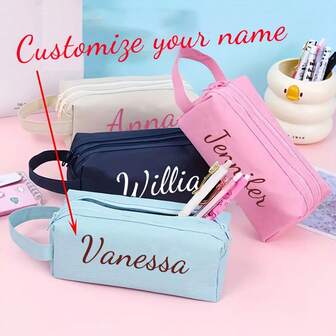 Customized Text LOGO Large Capacity Double-Layer Pen Pouch, Hand-Held Design Is Super Convenient, Essential For Students, Suitable For Storing Stationery And Small Items, Four Fresh Color Matching, Suitable For Gifts To Friends And Teachers, Made Of Durable Oxford Cloth, Equipped With Double Zippers, Providing Ample Space, Portable And Multi-Functional, Suitable For Storing Learning Supplies.