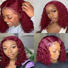ZHENDEFA 99J Wine Red Bobo Wig, Human Hair, 13x4 High Definition Transparent Lace Front Wig, Pre-Plucked Short Bobo Wig, No Glue Wavy Wig, Women's Human Hair - S99J - View 4