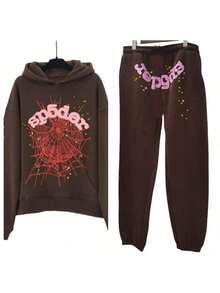 Men's Hip Hop Spider Web Pattern Graphic Alphabet Print Harajuku Vintage Hoodie Long Sleeve Street Wear Top For Both Men And Women Oversized Hoodies,Christmas Gifts For Bf,Essential Hoodies - Brown - View 1