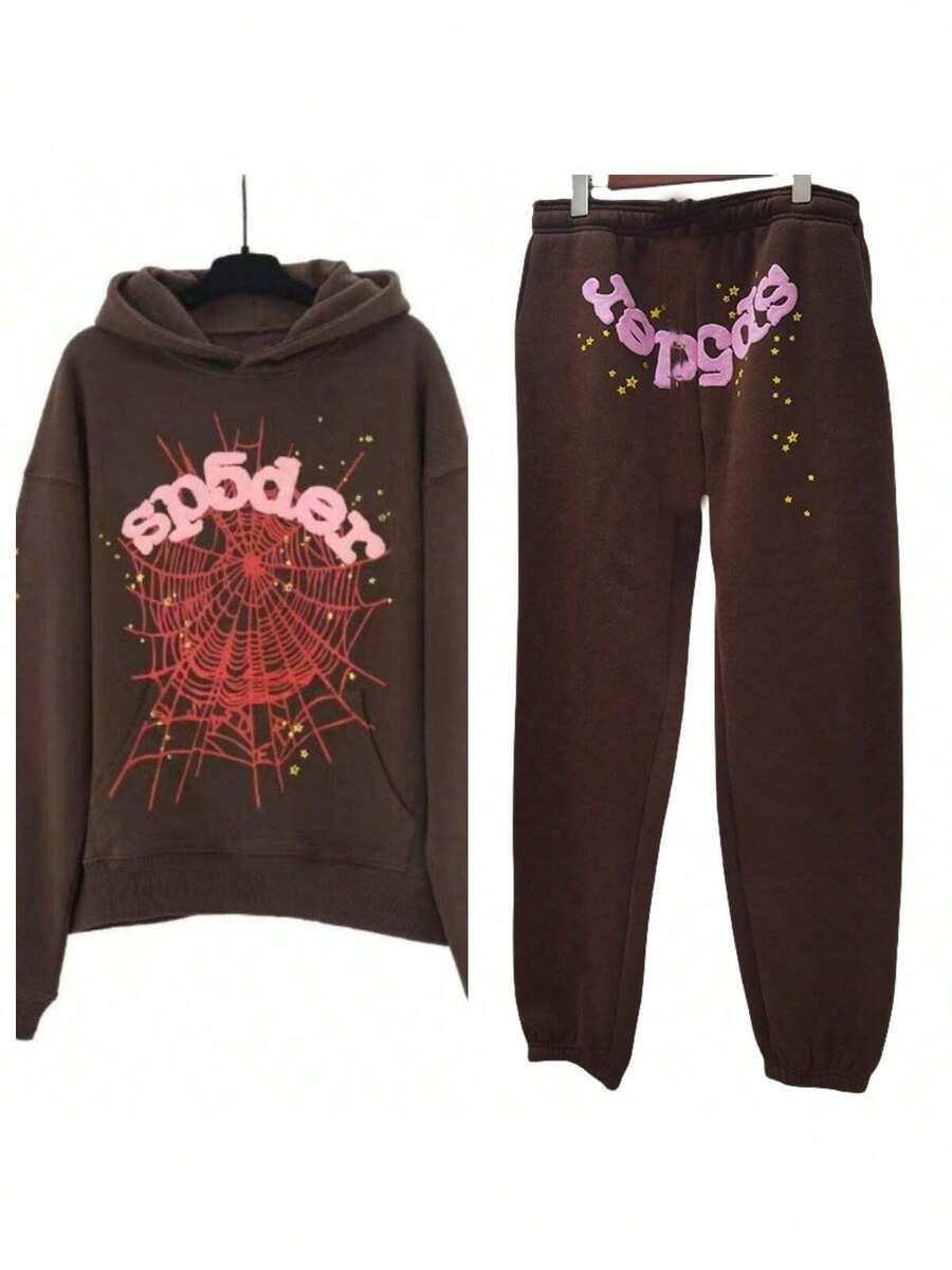 Men's Hip Hop Spider Web Pattern Graphic Alphabet Print Harajuku Vintage Hoodie Long Sleeve Street Wear Top For Both Men And Women Oversized Hoodies,Christmas Gifts For Bf,Essential Hoodies - Brown - View 1