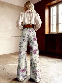 3D Women's Denim-Like Pants Floral Pattern With Purple And Green Accents Autumn And Winter Cowboy, Lady, Stretch, Casual, Bell-Bottom, Fashion, Print, High-Waist, Long Pants, Comfortable, Vintage, Floral, Design, Style, Loose, Washed, Straight-Leg, - 彩色 - 查看 3