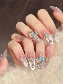 10 piezas Uñas postizas ovaladas largas hechas a mano para fiestas y uso diario, uñas rosas, con brillo, brillantes y deslumbrantes, fáciles de usar. 10 piezas de uñas postizas hechas a mano estilo Y2K, adecuadas para festivales, fiestas y uso diario de niñas y mujeres - Rosa Pálido - Ver 4