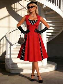 WEGIRL Women's Vintage-Inspired Red Midi A-Line Dress, Sleeveless With Collar, Polka Dot Contrast, Fake Buttons, And Flared Hem For A Chic Sundress Look - 紅色 - 查看 6