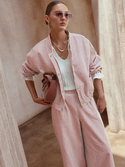 Sollinarry 2pcs Women Striped Zip-Up Long Sleeve Top And Pants Set