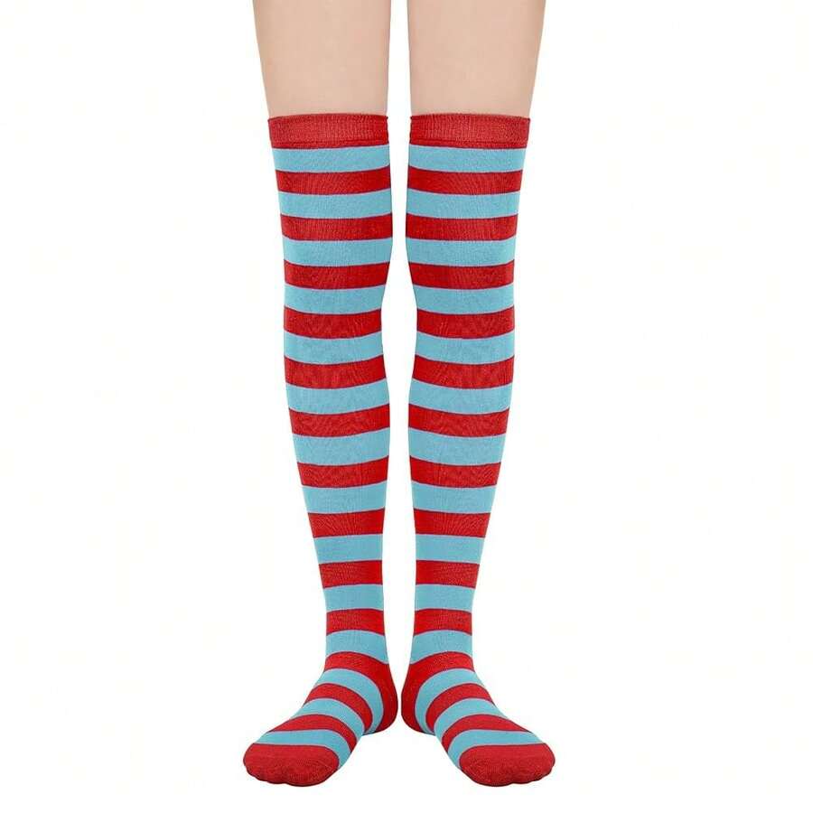 Zando Womens Thigh High Socks Striped High Knee Socks Knee High Socks For Cosplay Long Socks Over The Knee Leg Warmers,OneSize,BlueandRedStripes - 藍紅條紋 - 查看 1