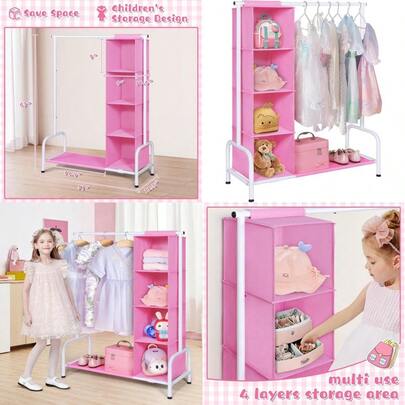 Perchero de ropa Univivi con organizador colgante, estante de almacenamiento para vestidos cortos de niños pequeños, para colgar ropa, armario, ropa, disfraces de baile, color rosa/blanco