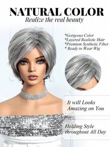 10-Inch Short Straight Wig, Made Of Gray Synthetic Heat-Resistant Material, Suitable For Women, Fresh And Natural, Perfect For Everyday Wear, And A Perfect Gift For Girls. - Silver - View 2
