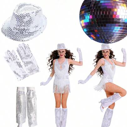  Sparkly Sequin 3 PiecesParty Set Vintage Disco Style Hat Gloves Leg Warmers For Cosplay Carnival Show