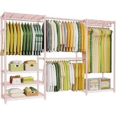 E1 Heavy Duty Closet Garment Rack, 6 Tiers Adjustable Metal Standing Expandable Clothing Storage With 4 Hanger Rods, Easy To Assemble Wardrobe, 71.4" H X (70" - 88.2") L X 14" D, Pink,37307261