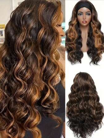 Pelucas sintéticas largas con ondas y diadema para mujeres, pelucas negras con reflejos rubios y marrones, adecuadas para uso diario y eventos de las mujeres
