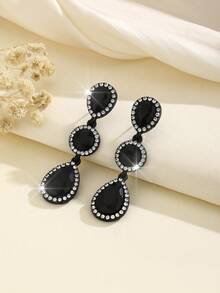 一对波西米亚风合金水钻装饰时尚百搭耳环 - 黑與白 - 查看 2