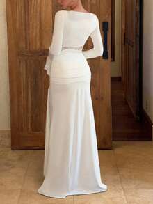 Women's Spring New Dress, Elegant Women's White Knit Bodycon Dress, Contrast Lace Detail, Long Sleeve Semi-Sheer Fitted Deep V-Neck Pencil Hem, Party Cocktail Dress - White - View 5