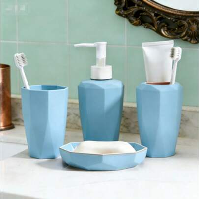 [Bestseller + Opzione Multicolore] Set di accessori per il bagno da 4 pezzi (5 colori disponibili), in plastica con bordo, dispenser per sapone + bicchiere + portaspazzolino + portasapone, resistente all'acqua per il mobile del bagno [Afferra ora + Mega sconto]