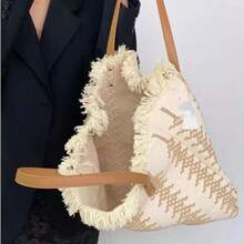 Straw Tassel Handbag, Lightweight & Fashionable Shoulder Bag, Elegant Summer Beach Bag, Large Capacity Women's Bag, Backpack, Spacious, Portable, Classic Casual, Business Casual, Suitable For Teenage Girls, Female College Students, White-Collar Workers, Perfectly Matches Work Attire, Back To School Season, Middle School, High School, University, Vacation, Showcasing Feminine Vacation Style - Beige - View 6