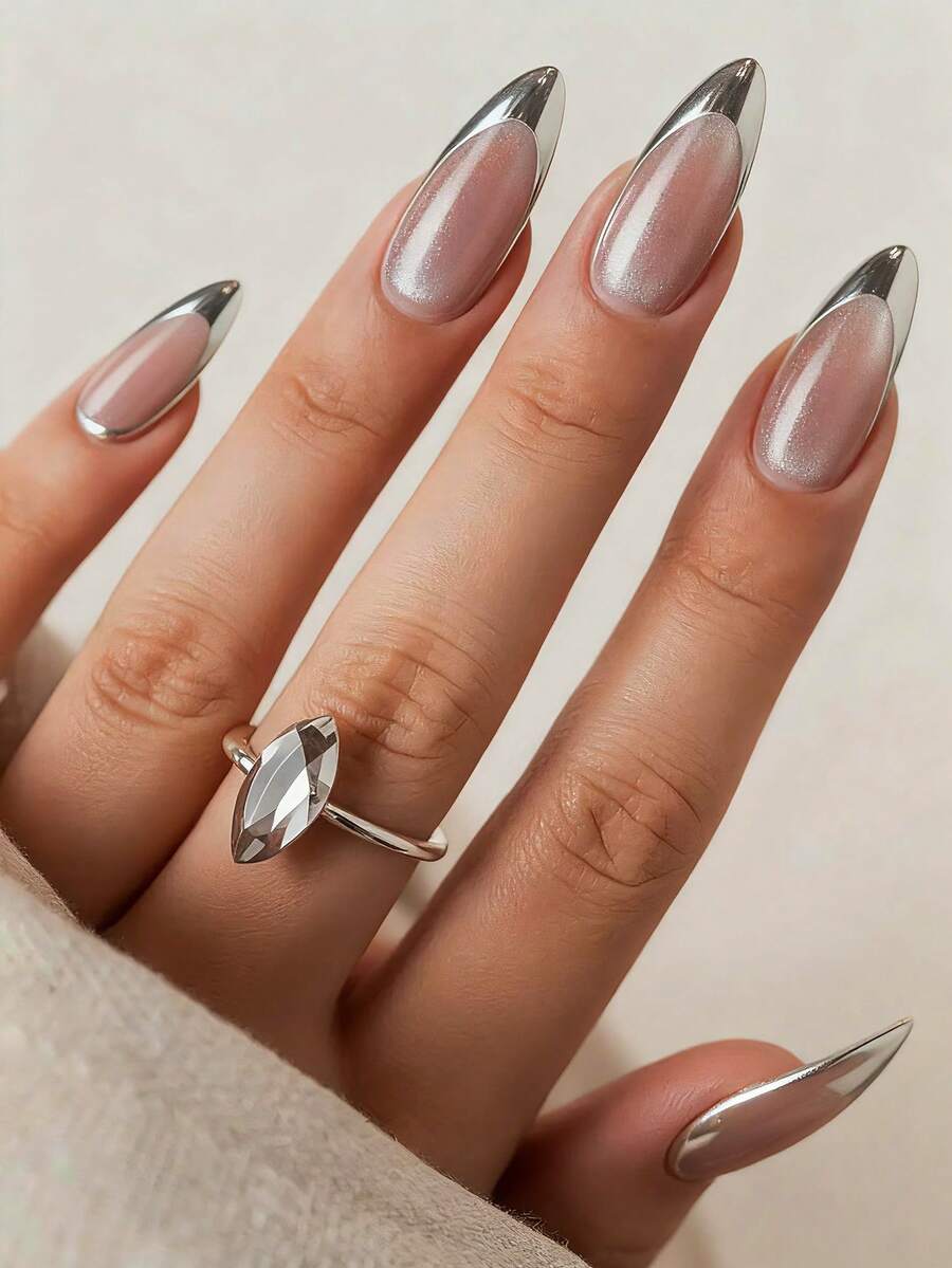 VV MEI JIA ER Bộ 24 miếng dán móng tay hình mắt mèo màu nude, miếng dán móng tay kiểu Pháp màu bạc bóng với lớp phủ UV, móng giả hình hạnh nhân đầy đặn, móng giả dán sáng bóng dành cho phụ nữ và bé gái, kèm theo 1 băng dính và 1 dũa móng tay. - Nhiều màu - Xem 1