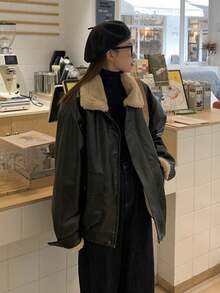 复古人造毛皮夹克，保暖外套 - 黑色 - 查看 7