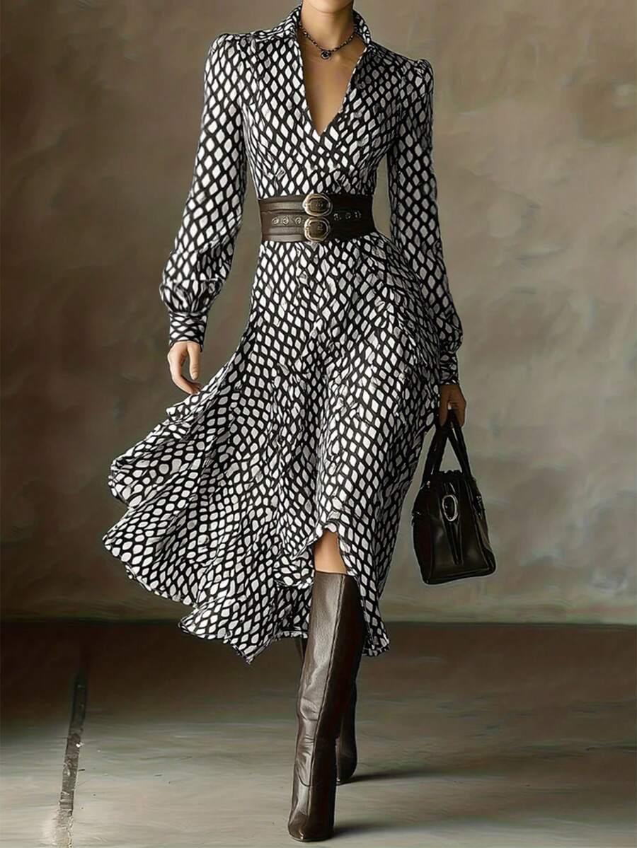 女士优雅连衣裙，复古印花收腰衬衫式中长连衣裙，法式复古长裙设计，适合音乐节、工作通勤和约会，不含腰带