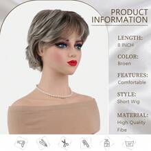 Unisex-Adult Elegant Short Blonde Pixie Cut Wig With Bangs, Brown Ombre Synthetic Wavy Curly Hair, High Temperature Fiber, Rose Net Cap, Loose Wave Style - Mocha Brown - View 6