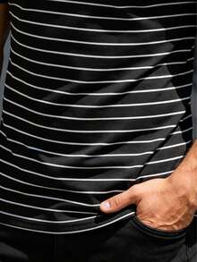 Men's Fashionable Striped Short Sleeve T-Shirt, Summer - Black - View 5