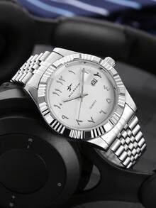 RICECGO 1pc Men's Classic Quartz Steel Band Wristwatch With Calendar Display, Suitable For Daily Wear, Business Occasions, High-End Sophisticated Gift - Silver - View 9