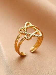 1pc Creative Minimalist Stainless Steel Hollow Star Adjustable Open Ring, Suitable For Women Everyday, Festival, Party Wear - Yellow Gold - View 2