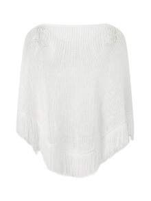 Women Knit Cover-Up, See-Through Tassels Irregular Loose Pullover Summer Beach Tops - White - View 2