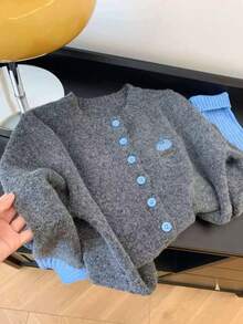 Stylish Color Block Knit Cardigan Long Sleeve Jacket For Women, Autumn/Winter, Pumpkin Embroidery, Round Neck, Front Button, Ribbed Cuffs, Casual Wear - Gray and Blue - View 3