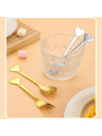 1pc/2pcs/4pcs/6pcs Premium Stainless Steel Heart Shaped Spoons, Dessert Spoons, Fruit Forks, Cross-Border Gift Tableware Set, Suitable For Kitchen, Dining Room, Hotel