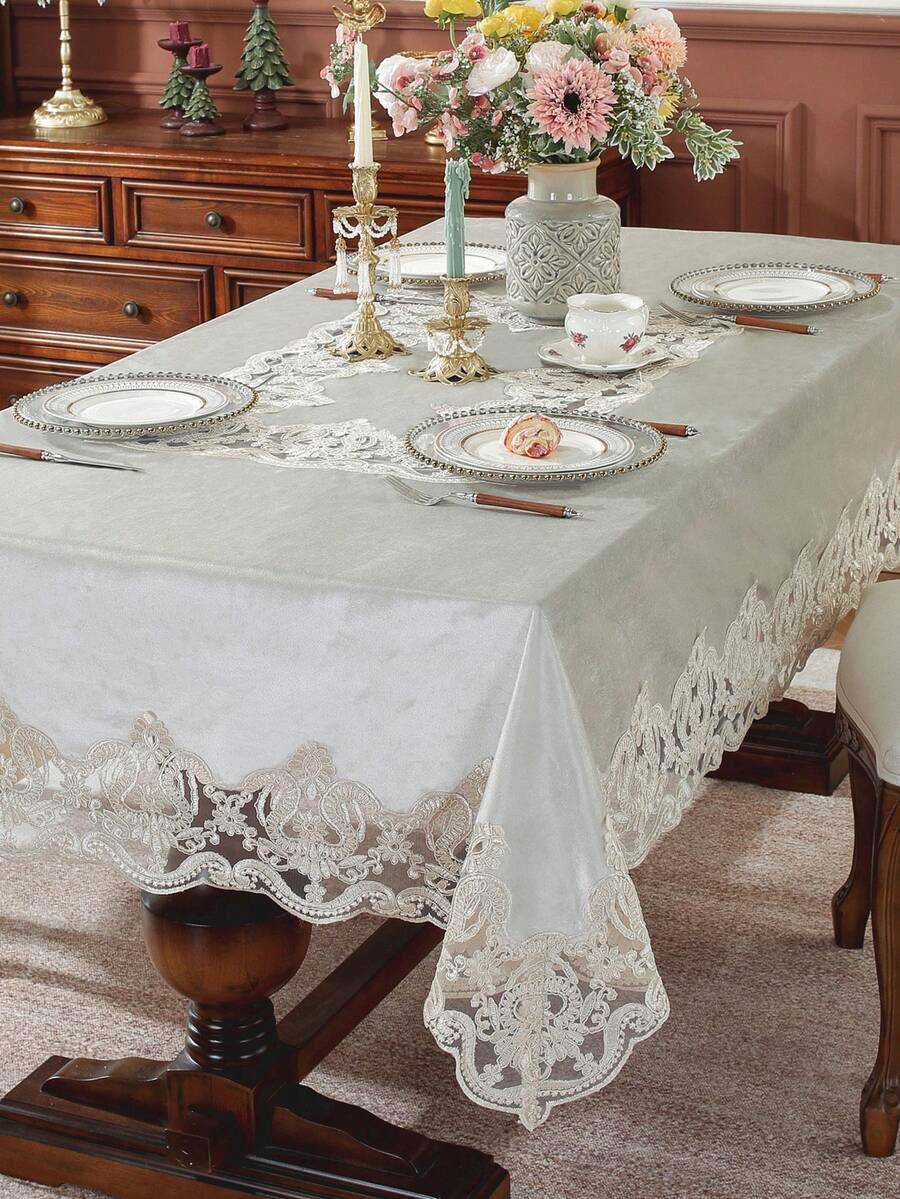 1 件天鹅绒桌布，饰有精致的 3D 刺绣和蕾丝花边，适用于厨房、餐厅、会议桌，长方形或正方形皆可，四季皆宜，可用于家居装饰、节日、家庭聚会、送礼、派对和婚礼。 - 米色 - 查看 1