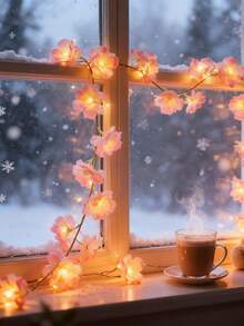 1 Roll LED Cherry Blossom String Lights (2m/6.56ft) - Battery Powered Warm White Fairy Lights For Birthday, Wedding, Ramadan, New Year, Christmas Decor - Pink Plastic Wall Hanging Lamp (Batteries Not Included), Party Atmosphere Lighting | Elegant Wall Lamp | Battery Powered Lights, Decorative Lamp - Pink - View 7