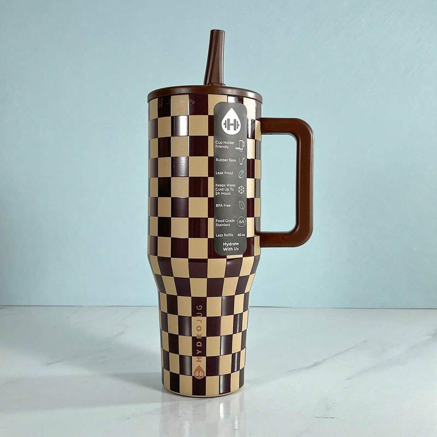 Hydrojug40oz Original Traveler 40oz Water Bottle With Handle & Flip Straw - Fits In Cup Holder, Leak Resistant Tumbler-Reusable Insulated Stainless Steel & Rubber Base - Gifts For Women & Men - Brown Checkered - 32oz - View 1
