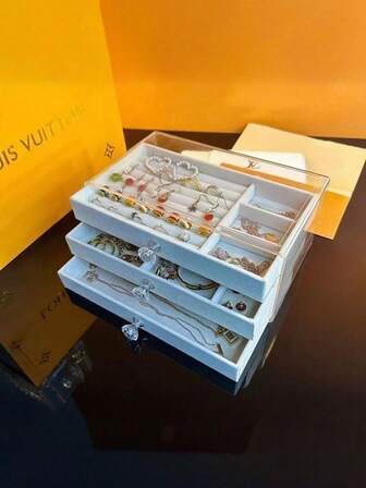 1pc Acrylic Velvet Jewelry Organizer With 3 Drawers Stackable Display Storage Earrings Necklace Bracelets Box Holder Case For Women