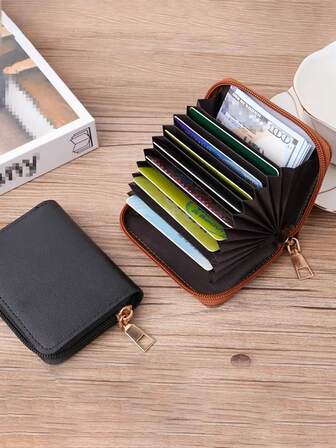 1 pieza Titular de tarjeta de crédito de cuero PU casual, monedero con cremallera - Diseño delgado y compacto - Sostiene tarjetas y monedas de forma segura - Regalo ideal para hombres o mujeres (9 ranuras para tarjetas + 2 áreas de almacenamiento de cambio)