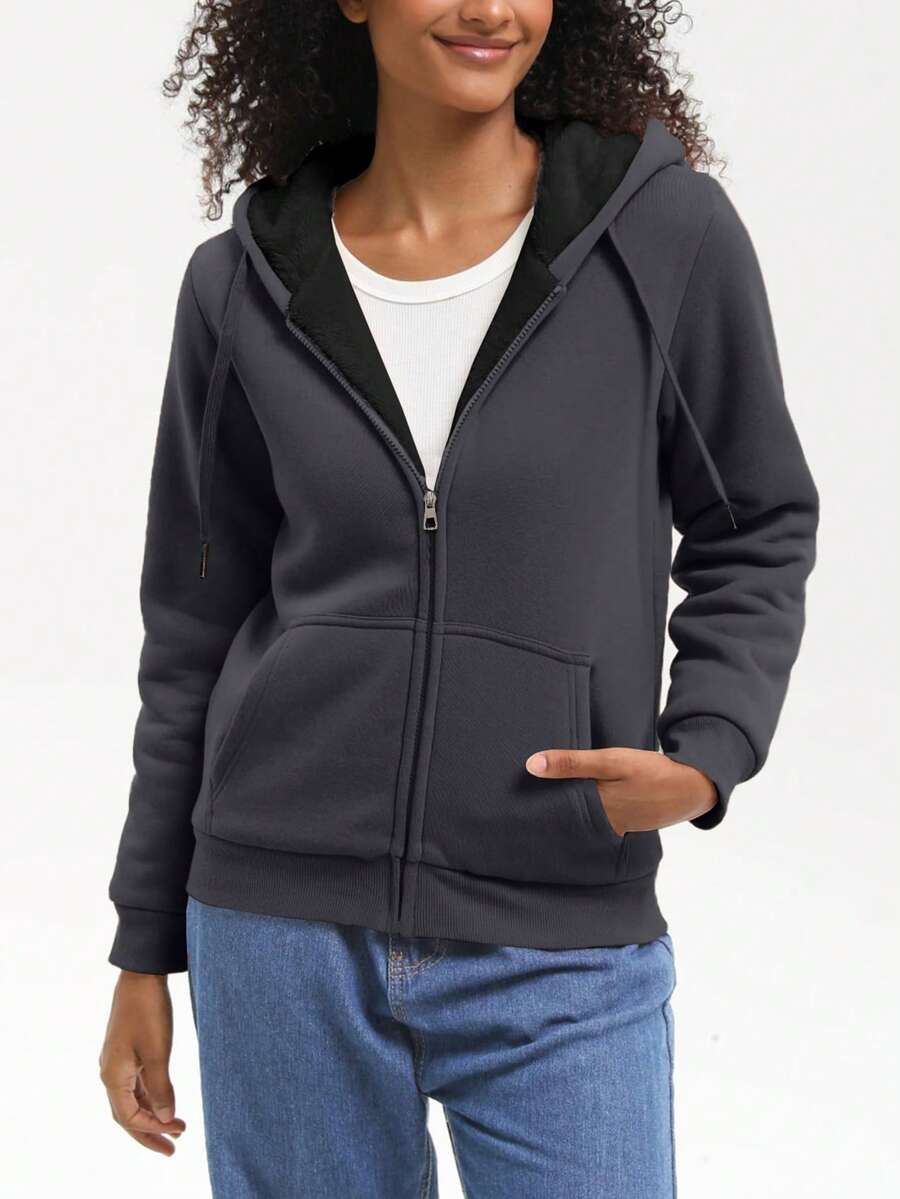 Speed mate 女士拉链连帽衫，保暖内衬卫衣，带帽冬季外套，加厚保暖大衣，休闲防寒款式 - 深灰色 - 查看 1