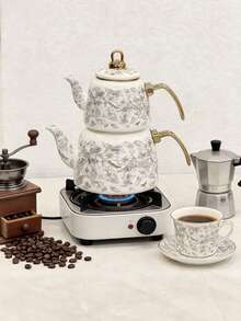 1 Set Cafetera y Gotero de Café de Estilo Nórdico en Gris Esmalte - Tetera/Olla de Agua/Olla de Leche/Tetera de Té de Frutas Multifuncional para Todas las Estaciones, Apta para Calentamiento Directo en la Estufa, Regalo Ideal para Amigos y Familia - Flores de fondo blanco - Ver 8