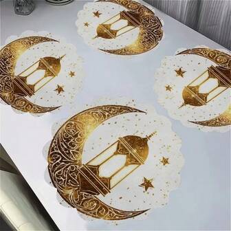 2/4/6 Pcs Set Elegant Ramadan Themed Placemats, Decorated With Gold Crescent Moon And Lantern Patterns, 15 Inch Dining Table Mats Accented With Stars. Suitable For Gatherings, Dining And Holiday Decor. Also Suitable For Home Decor, Holiday Table Decor, Farmhouse Holiday Decor, Farmhouse Style, Washable, Durable Material, Holiday Table Decor And Home Entertainment.