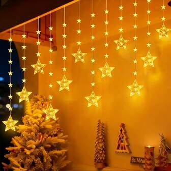 1 st soldrivna stjärngardinlampor - 120 LED hängande ljusslingor för Ramadan Eid och nyår, hem och trädgårdsfest, festivaldekoration