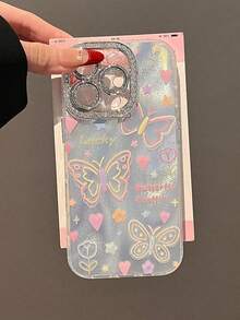 Minimalist Colorful Line Butterfly, Heart, Flower Rhinestone Decor Phone Case Compatible With IPhone 16 Pro Max/15 Pro/14 Pro/13 Pro, Silicone Protective Cover For Women, Unique Design Waterproof Shockproof Anti-Fall Scratch Resistant - Silver - View 2
