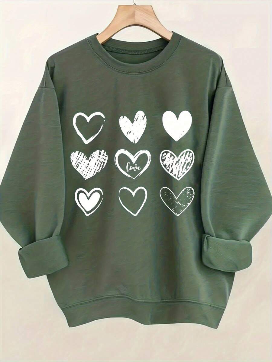 Women's Valentine's Day Heart Print Sweatshirt - Soft Stretchy Pullover Sweater, Cozy Casual Round Neck Long Sleeve Blouse, Light Beige-Friendly For F - 綠色 - 查看 1