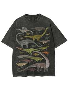 230g Washed, Dinosaur Era Retro Printed T-Shirts, High-Quality Batik Cotton Retro Fashion Brand T-Shirts, Men's T-Shirts, Men's Summer T-Shirts, Holiday Gifts, Perfect Gifts. - 黑色 - 查看 1
