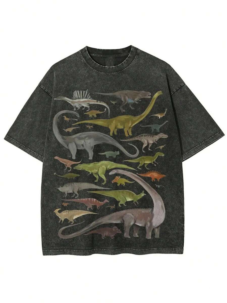 230g Washed, Dinosaur Era Retro Printed T-Shirts, High-Quality Batik Cotton Retro Fashion Brand T-Shirts, Men's T-Shirts, Men's Summer T-Shirts, Holiday Gifts, Perfect Gifts. - 黑色 - 查看 1
