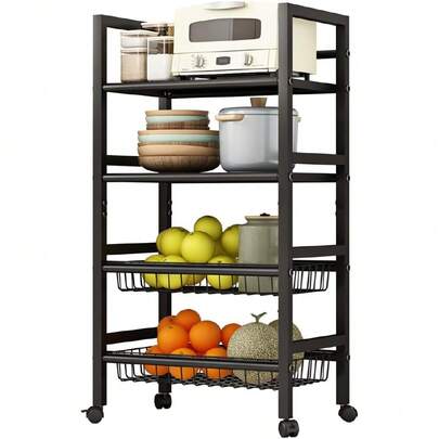 4-Tier Metal Rolling Cart With Removable Grid Shelves, Lockable Wheels & Handle For Kitchen, Bathroom, Office Storage, Black (Medium),37306915