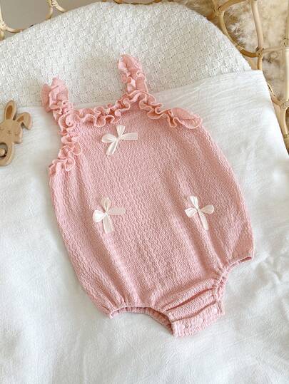 Baby Girls' Summer New Dopamine Cute Floral Trim Bow Decor Spaghetti Strap Chiffon Romper