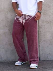 Men's American Retro Y2K Baggy Straight Leg Pants Mid-High Waist Gothic Letter Print Polyester Trousers Gothic Emo Wide Leg Streetwear - Màu Đỏ Sâu - Xem 3