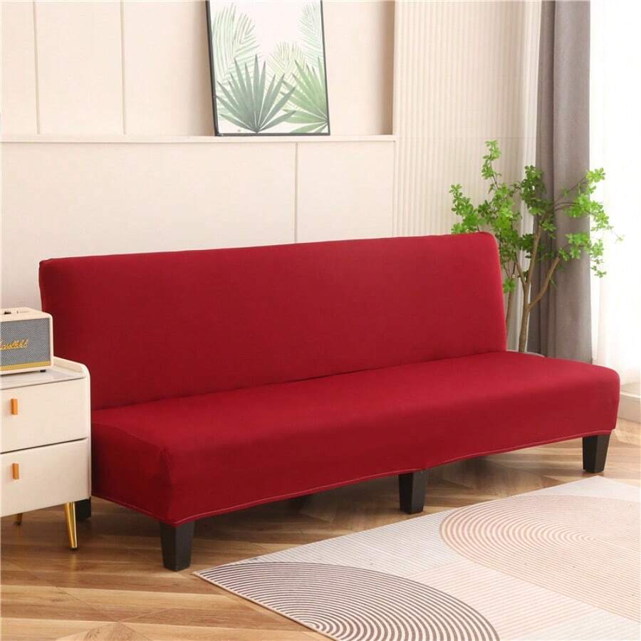 Armless Sofa Bed Cover Elastic Full-Enclosure Polyester Upholstery Cover Knit Milk Silk All-Season Universal - Burgundy - View 1